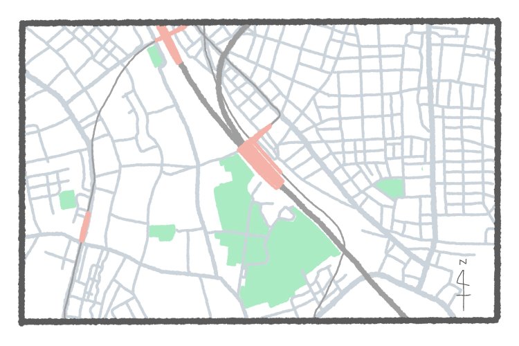 【東京地図クイズ】ここは何駅？ 緑色の敷地と道路模様が大ヒントな山手線の駅
