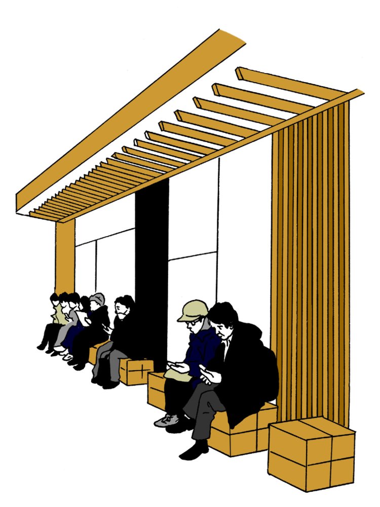 林業の写真があしらわれた情報発信コーナーのベンチ。駅構内ではあるが森林の雰囲気を感じられるスペースに。