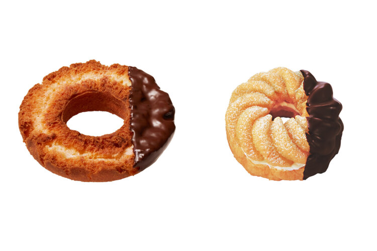 チョコファッション（左）とエンゼルフレンチ（写真提供＝ミスタードーナツ）。