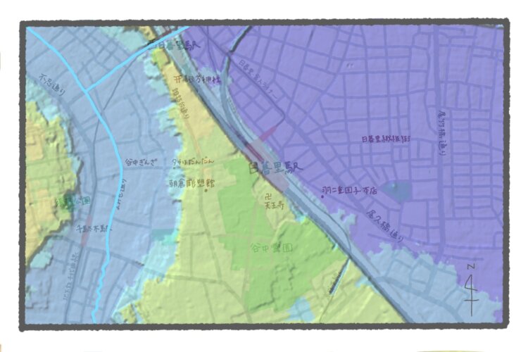 国土地理院地図の標高図・陰影起伏図を加工。水色部分が藍染川の流路。