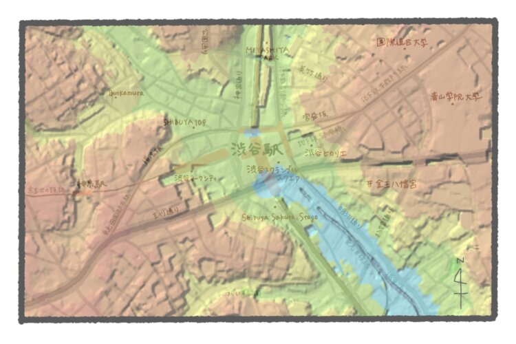 国土地理院地図の標高図・陰影起伏図を加工。