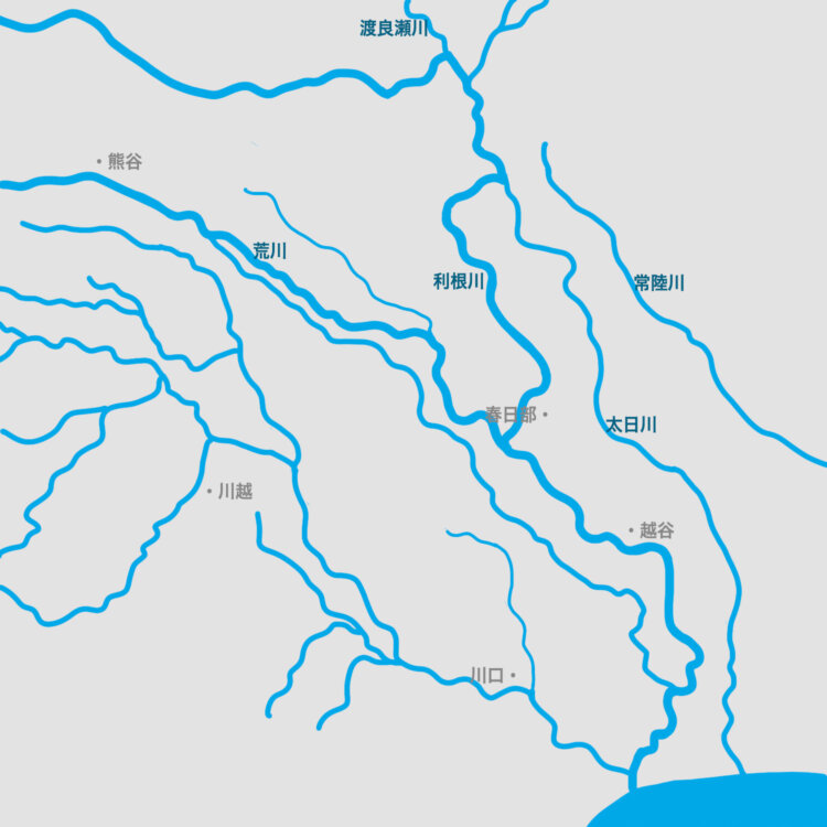 古代（利根川が国境だった頃）。古代・中世の利根川は常に乱流し流路は決まっていなかったと推測されている。また室町時代後期には、熊谷から現在の綾瀬川筋を流れていたものが荒川の幹線だったという説もある。