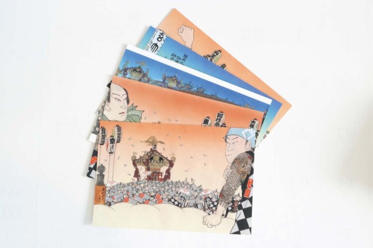 岡田氏が描く江戸の祭りの絵はがき5枚セット1100円。