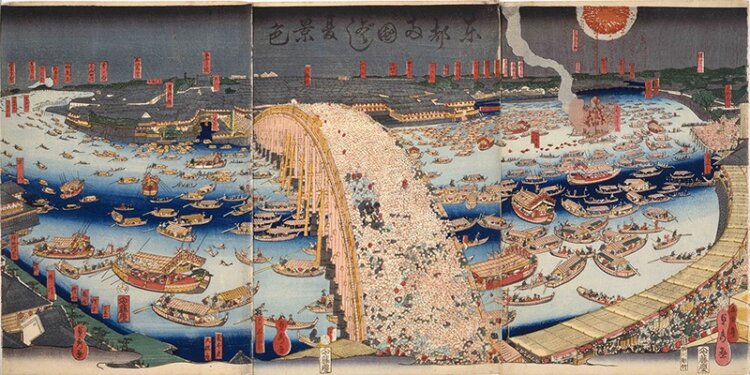 東都両国ばし夏景色　橋本貞秀／画　横川彫竹／彫　1859年（安政6）　東京都江戸東京博物館蔵。