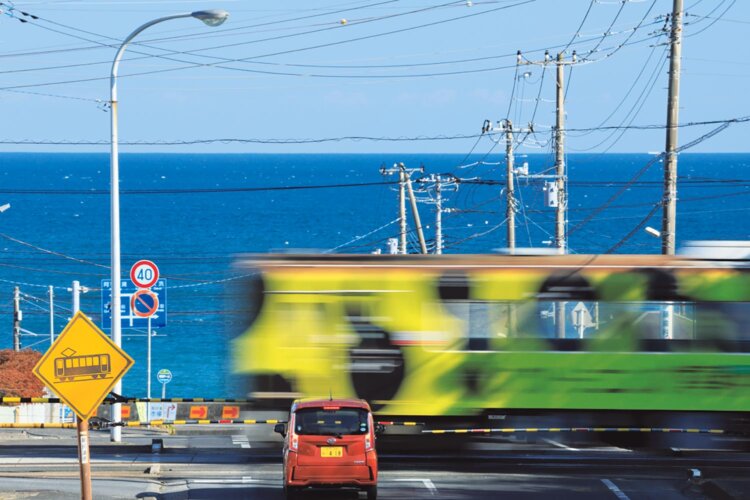 殿山～平磯間にある沢メキ踏切は、海が最も近づく区間（写真＝レイルマンフォトオフィス）。