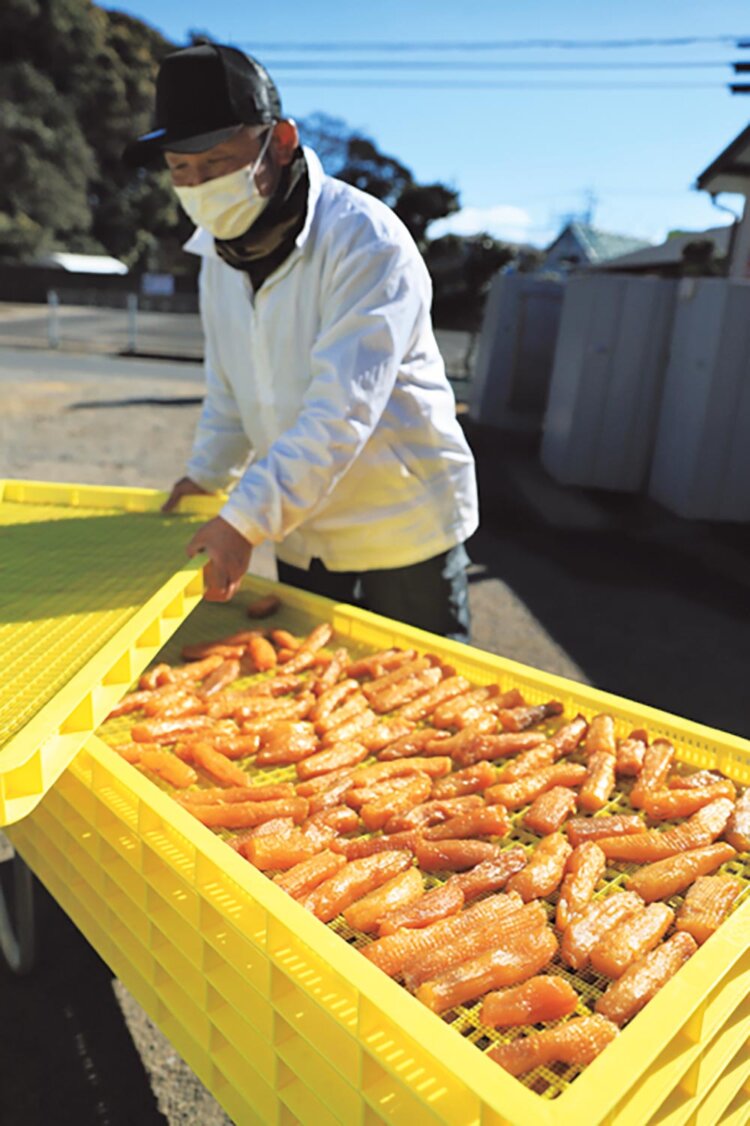 『芋工房 周三（しゅうざ）』で、芋をまる干しする風景に遭遇。「2026年は3月末頃まで直売する予定です」。● 阿字ヶ浦駅から徒歩2分。