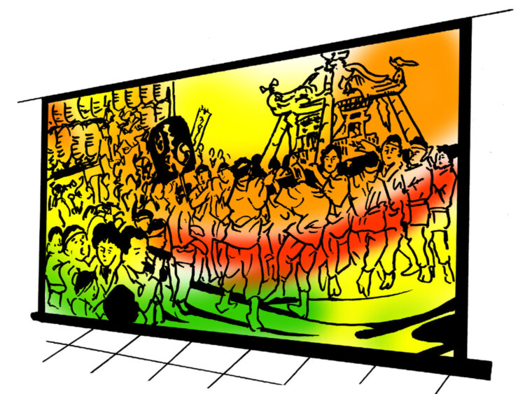 半蔵門線・東武スカイツリーラインの押上方面改札近くにある。恐らく浅草の三社祭をイメージしたと思われる切り絵風の絵。