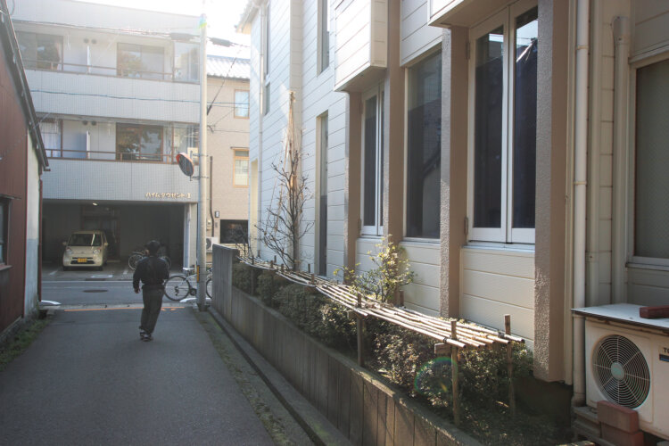 屋根から落ちる雪が当たらないよう、低木の上に竹の屋根を渡す。