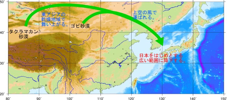 大陸で巻き上げられた黄砂が風に流されて日本へ（画像＝気象庁）。