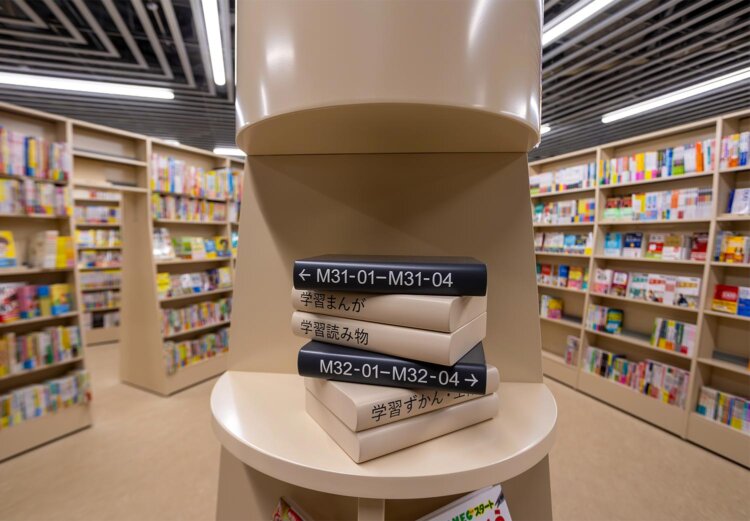 積んだ本をモチーフにした各書棚のサイン。