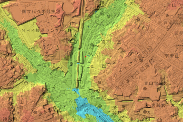 赤い丸が撮影地点で、出題写真はここから北（上流側）を見たところ（国土地理院地図の標準地図・標高図・陰影起伏図を加工）。