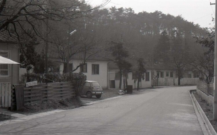 米軍ハウスとその背景に稲荷山公園の高台が見える（写真＝狭山市立博物館）。