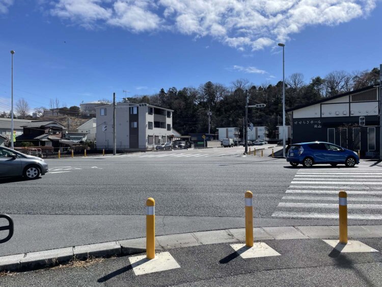 広瀬橋通り交差点から狭山稲荷山公園を望む。手前に住宅、後ろに稲荷山という組み合わせは狭山アメリカ村のころと変わっていない。
