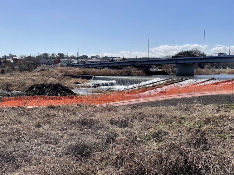 豊水橋堰とその奥に架かる豊水橋。