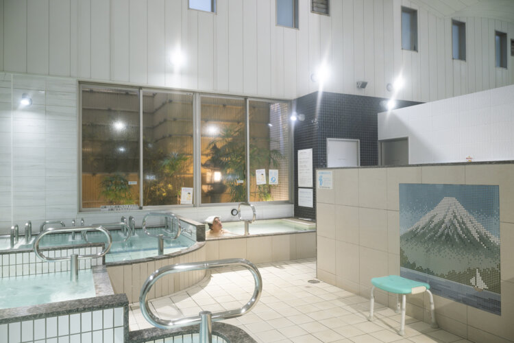 『斎藤湯』。ノンスリップの床材や数多く設置された手すりに心配りを感じる。ミニ富士山もかわいい。