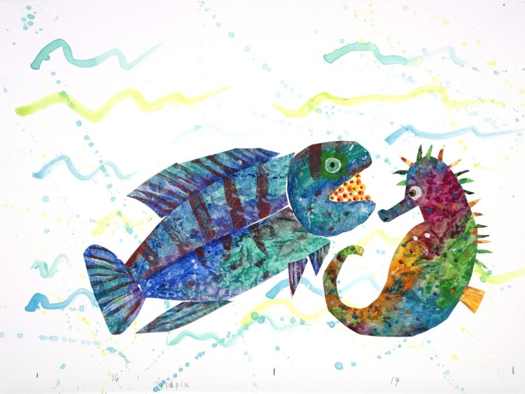 エリック・カール『とうさんはタツノオトシゴ』2004年『エリック・カール絵本美術館』。Collection of the Eric and Barbara Carle Foundation.（C）2004 Penguin Random House LLC.