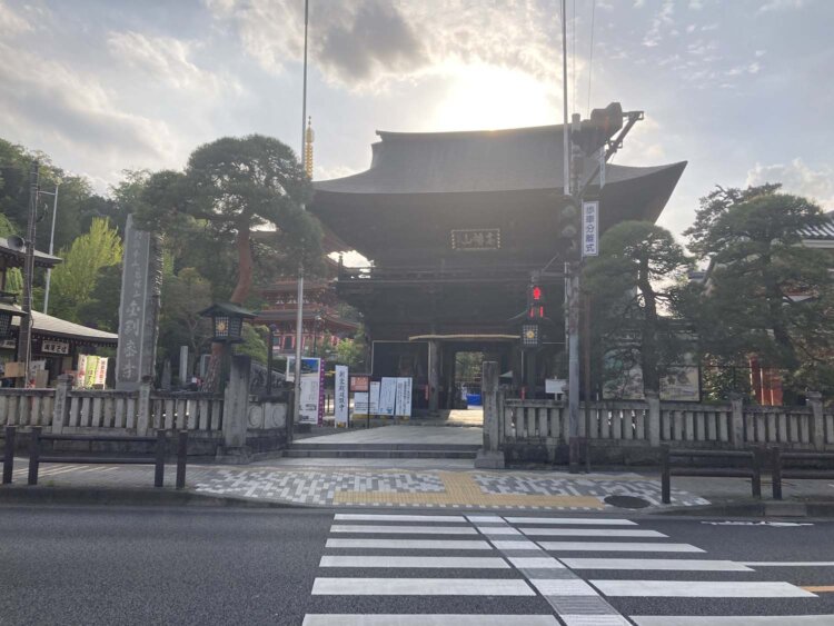西日に照らされる金剛寺の仁王門。