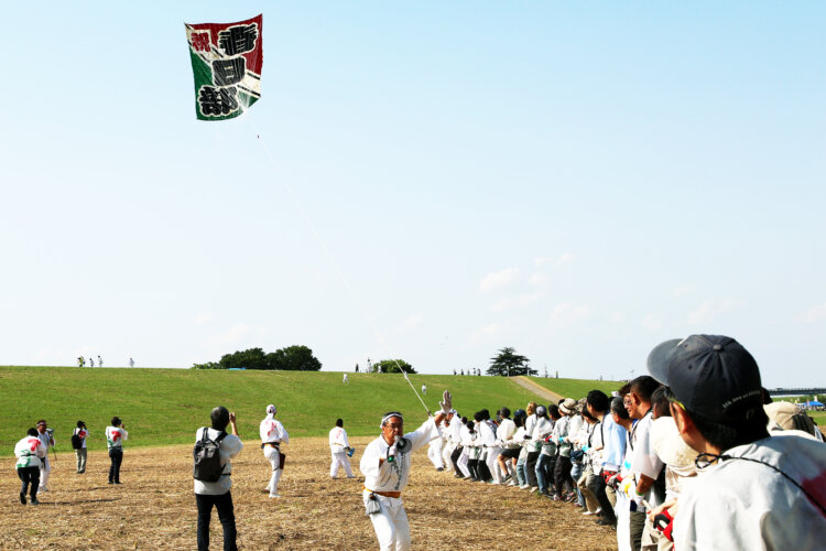 風速などの自然条件も見極めながら、百数十人の引き手が力を合わせて大凧をあげる。