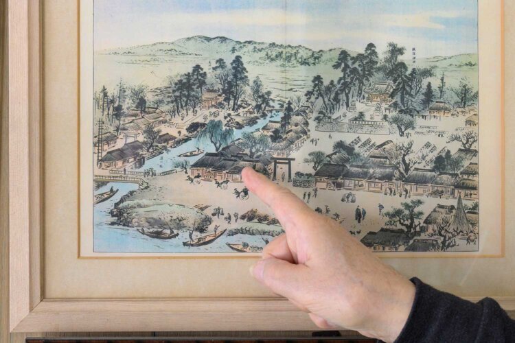 明治30年代の街の絵図。指した場所が野口家（現在地）。