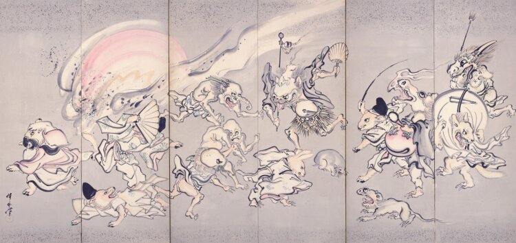 河鍋暁斎『百鬼夜行図屛風』六曲一双のうち左隻　明治4～22年（1871～1889）　イスラエル・ゴールドマン・コレクション。写真協力：立命館大学アート・リサーチ センター。【通期展示】
