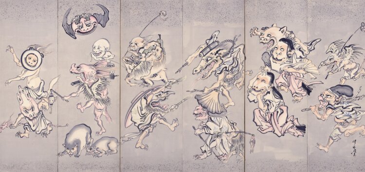 河鍋暁斎『百鬼夜行図屛風』六曲一双のうち右隻　明治4～22年（1871～1889）　イスラエル・ゴールドマン・コレクション。写真協力：立命館大学アート・リサーチ センター。【通期展示】