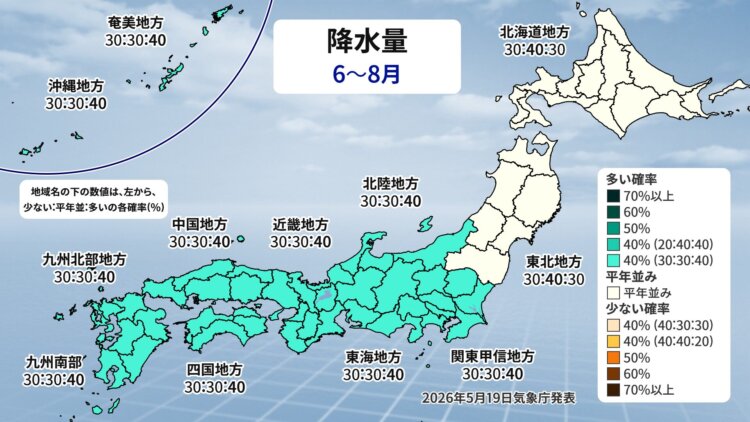 全国的に降水量は平年並み、2026年も大雨に警戒が必要だ（画像＝ウェザーマップ）。