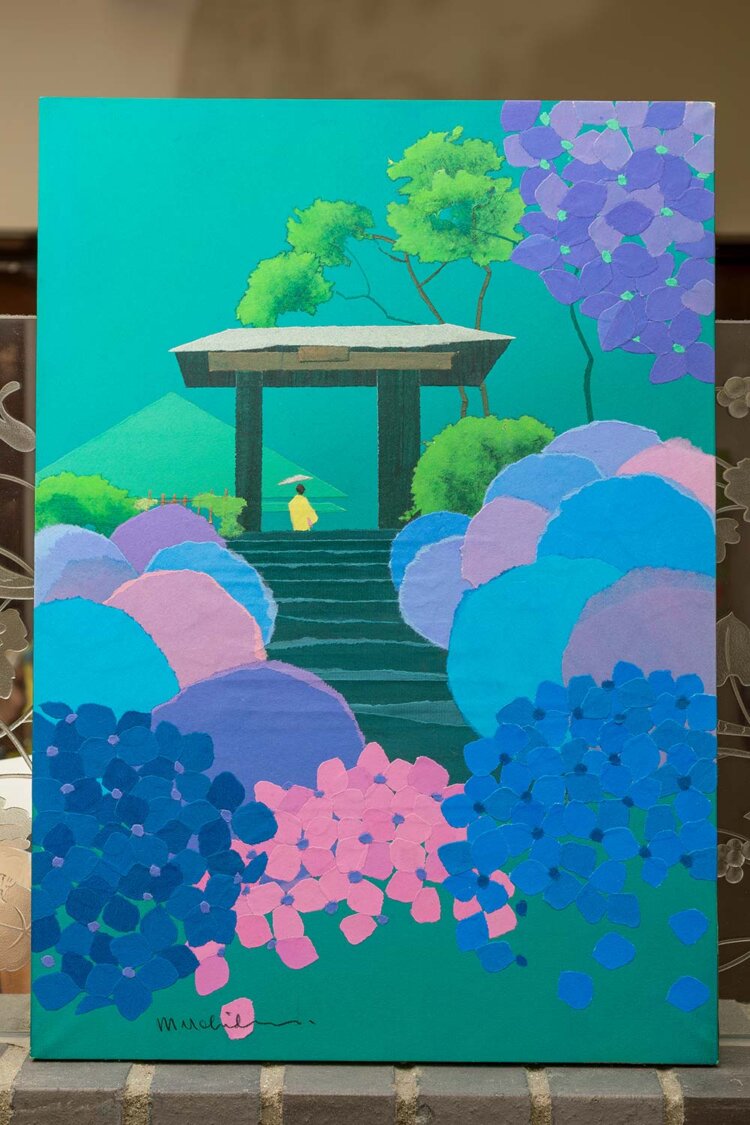 明月院とアジサイの「梅雨に冴える」（原画）。