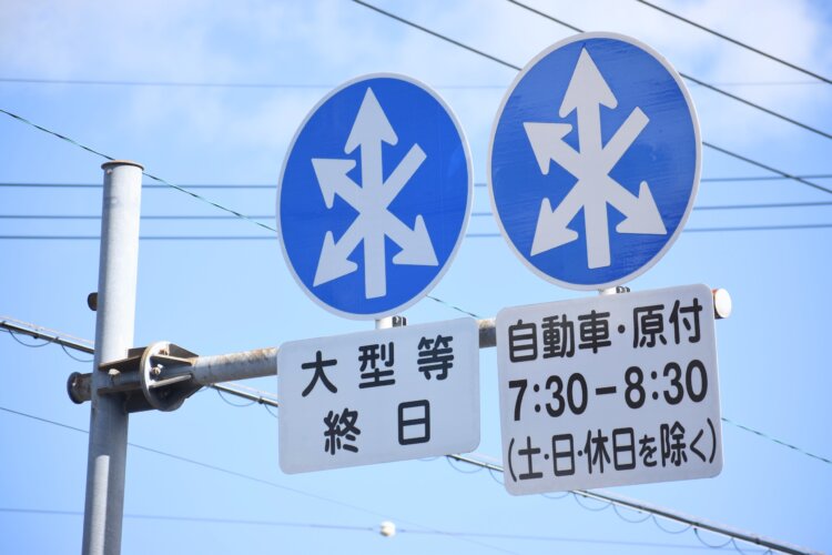 5方向分岐の異形矢印。規制内容によって標識を分けたため、双子のように並ぶ。