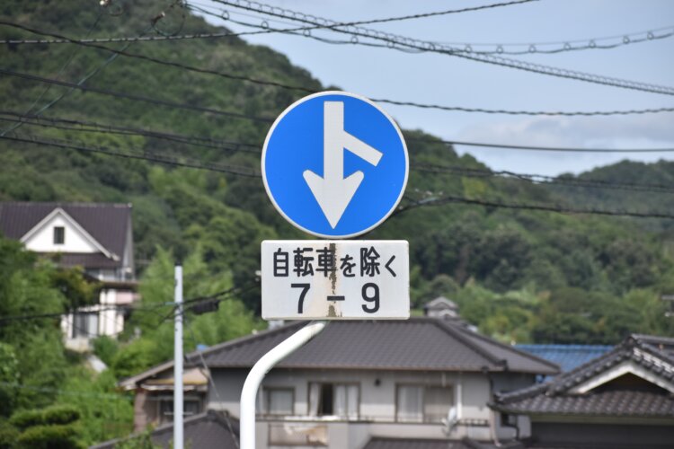 左手前側に大きく曲がれと指示する異形矢印。下向きの矢印は珍しい。