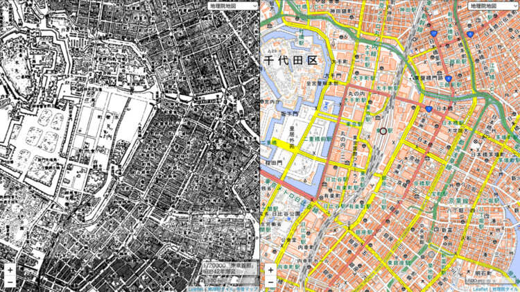 左が明治42年（1909）、東京駅開業前、右が2026年現在の丸の内周辺（「今昔マップ on the web」より）。