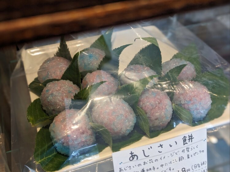 道明寺はデザインが月ごとに変わる。写真は6月バージョンのあじさい餅。