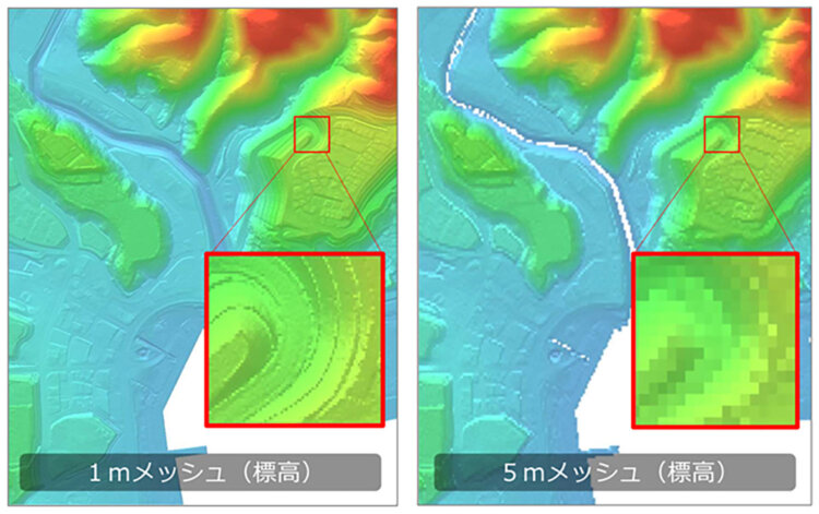 基盤地図情報（数値標高モデル）。右が5mメッシュ、左が1mメッシュ。