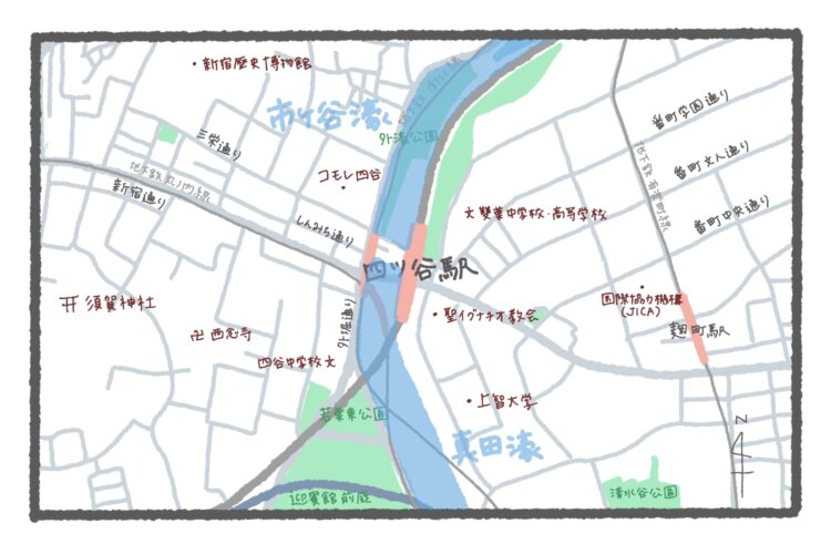 江戸城の外堀だった部分を書き足してみるとこんな感じ。