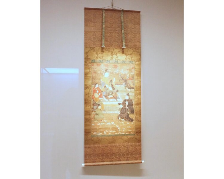 聖徳太子(厩戸王)が経典を解説する様を描いた「聖徳太子勝鬘経講讃図（しょうとくたいししょうまんぎょうこうさんず）」。向かって左手に山背大兄王、右手には蘇我馬子や小野妹子も描かれている。