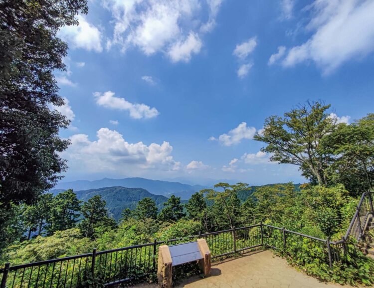 山頂から丹沢や富士山を一望する。