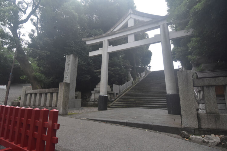 三べ坂を下り右に折れるとすぐ、日枝神社の森が見える。男坂と呼ばれる石段も目に入る。