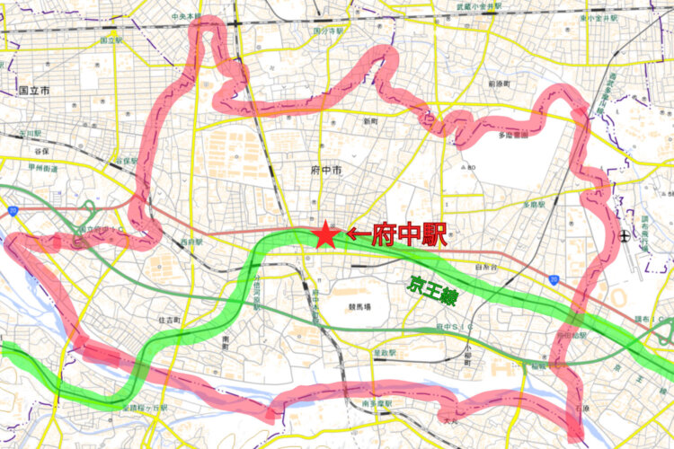 府中市の輪郭はカニの甲羅や、ポケモンの「メタモン」似？ ※地理院地図（国土地理院）より、電子国土基本図を加工して作成。