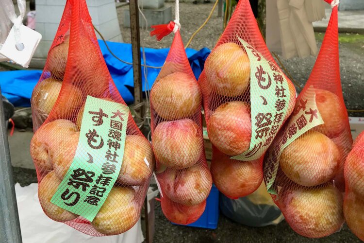 すもも祭。期間中は今も、境内にすももの直売市が立つ。
