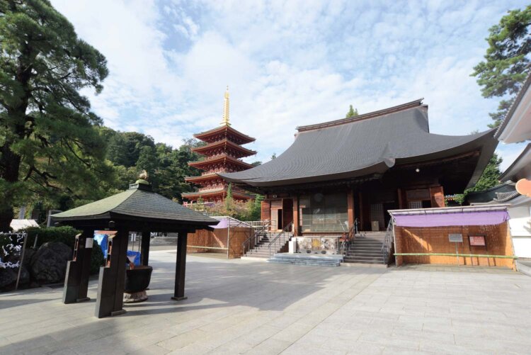 都内最古の文化財建造物の不動堂と平安時代初期の様式を模した五重塔。