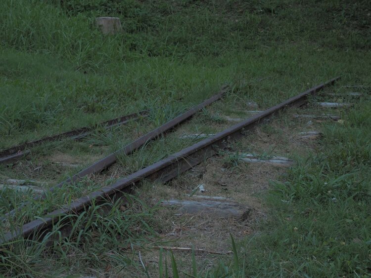 公園の工事で出土されたというレール。無造作に置かれているのではなく“敷設”された状態なので、廃止当時から残ってきたようなリアルさがあった。