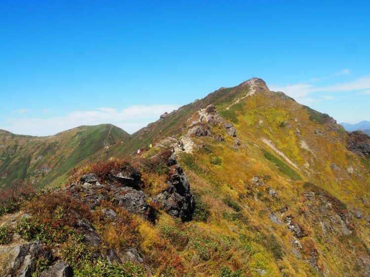 谷川岳の双耳峰「トマの耳」から「オキの耳」に続く尾根道（撮影＝飯出敏夫）。