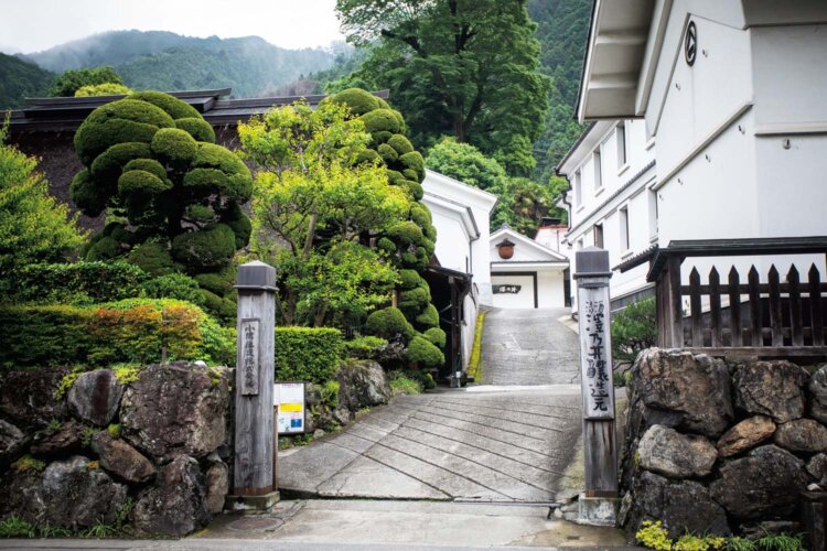 山を背にして白壁の建物が立つ。