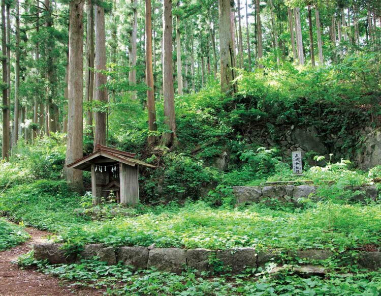 高明山のすぐ下方にある高明神社跡。社殿の土台が残っている。