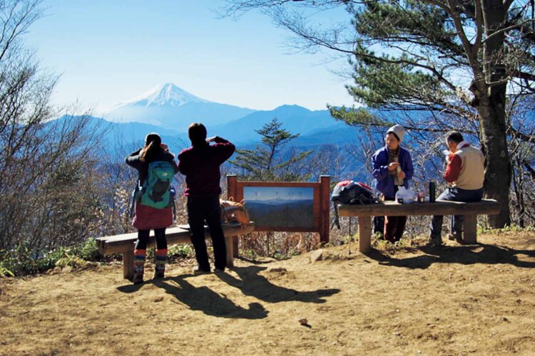 三頭山西峰の山頂から西側方面を見ると富士山が見える。反対側の北側に行けば、日光連山が見えることも。