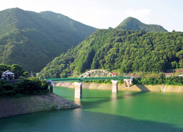 下り終えると奥多摩湖。ドラム缶橋の浮橋が通れない場合は、写真の深山橋を渡りバス停まで。