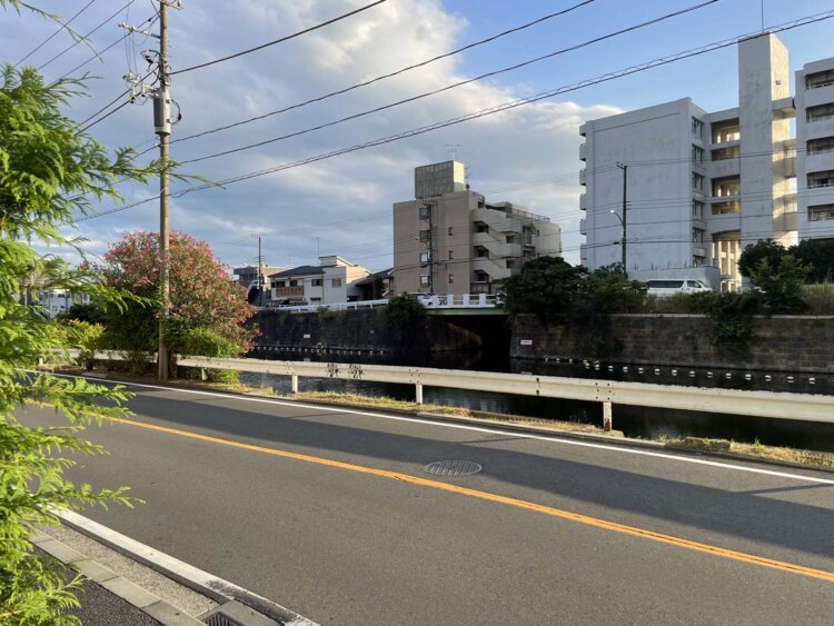 少しわかりにくいが、向こう岸の凹みのような所が矢倉橋とヘルムドック跡。