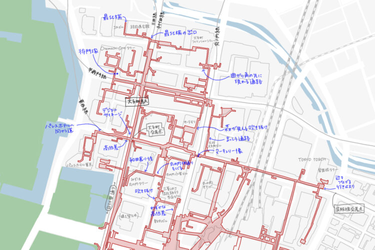 地下通路完全網羅マップ【大手町編】。