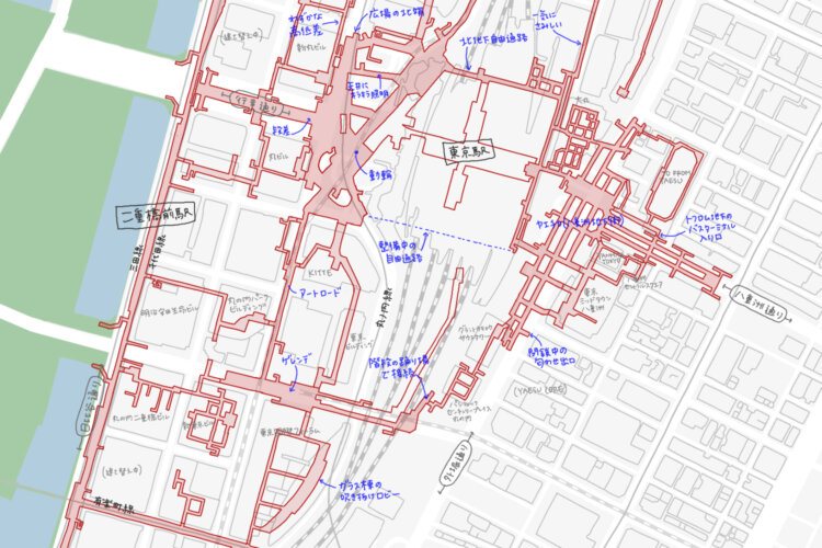 地下通路完全網羅マップ【丸の内・八重洲編】。
