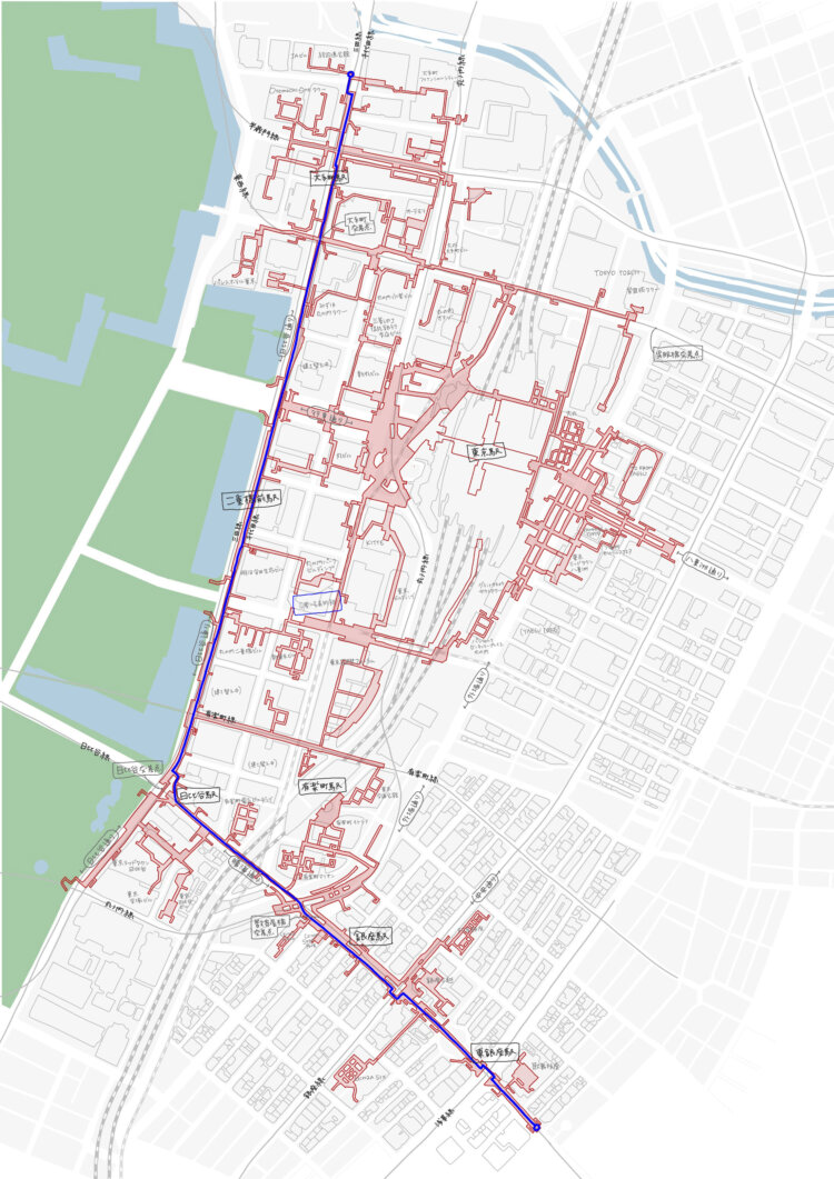 地下通路だけを使った最北端〜最南端を結ぶ最短ルート。約2.5km。