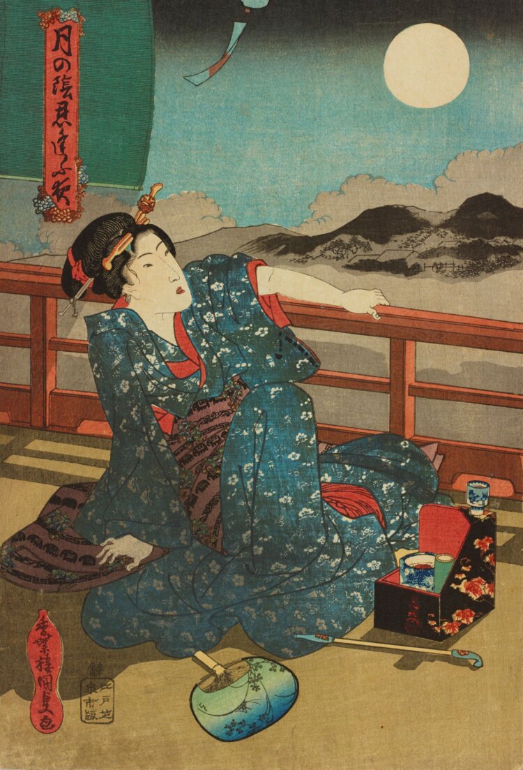 歌川国貞「月の陰忍逢ふ夜  月みる美人」（後期） 『太田記念美術館』蔵